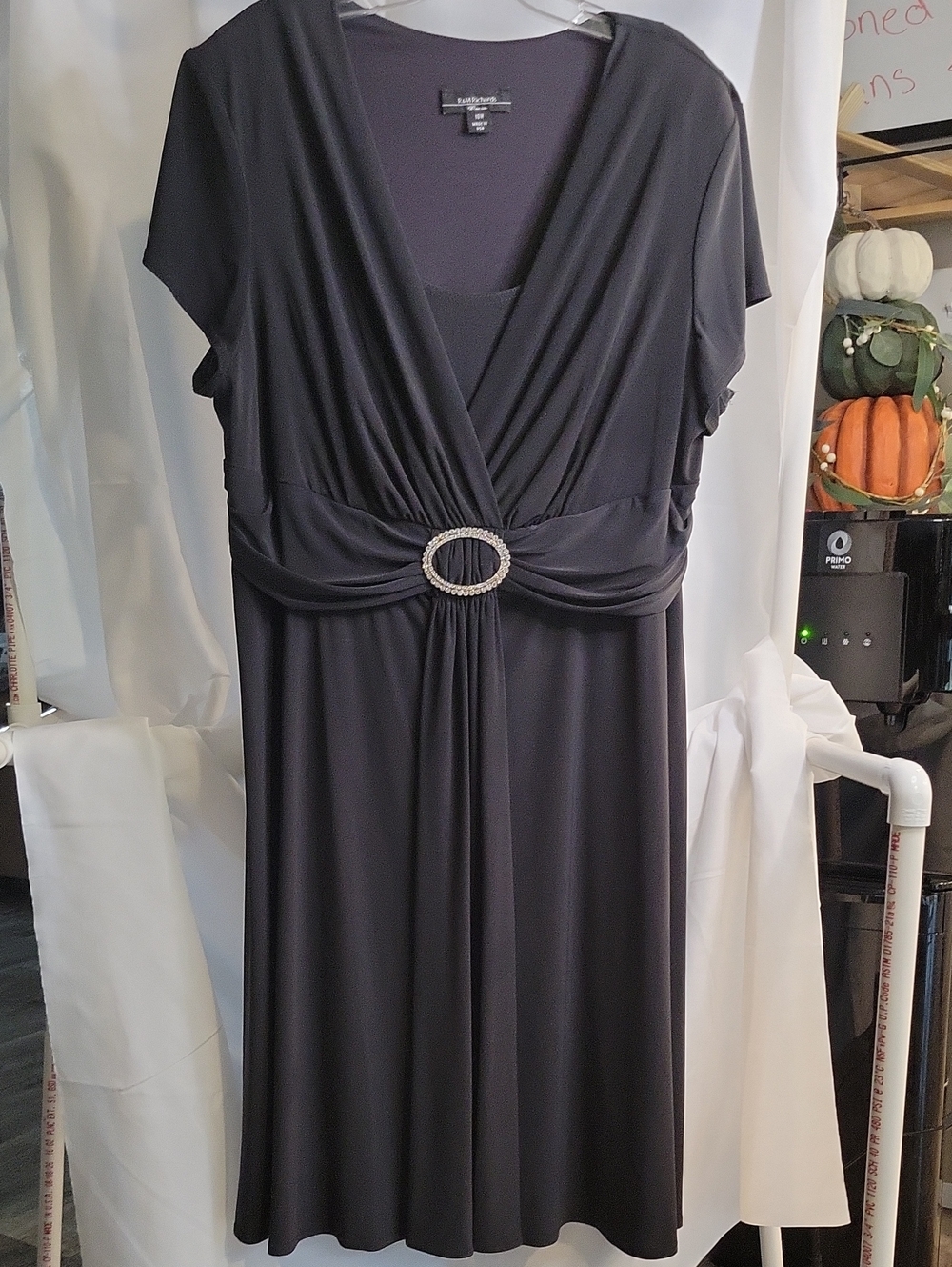 R&M Richards Black Midi Dress with Rhinestone Oval Waist Accent